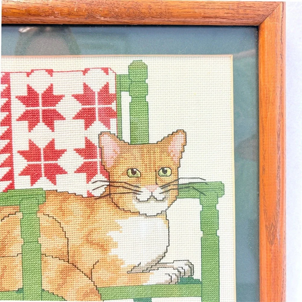 Vintage‎ 1991 Handmade Orange Tabby Cat Needlepoint Framed Wall Art 12x12